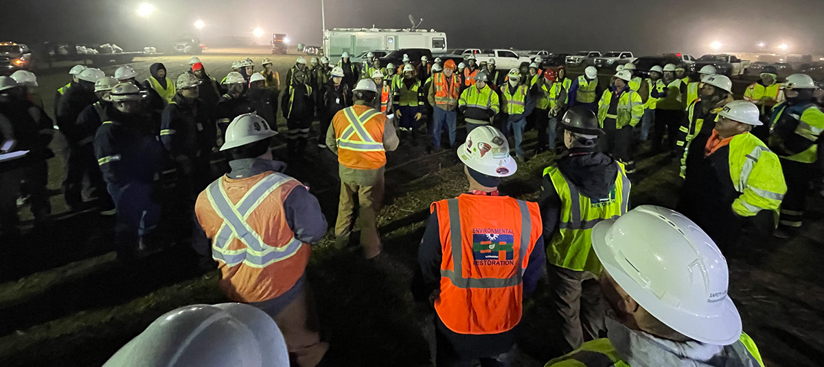 Response crews meet up at their morning briefing on Saturday, Dec. 10, 2022, in Washington County, Kansas.