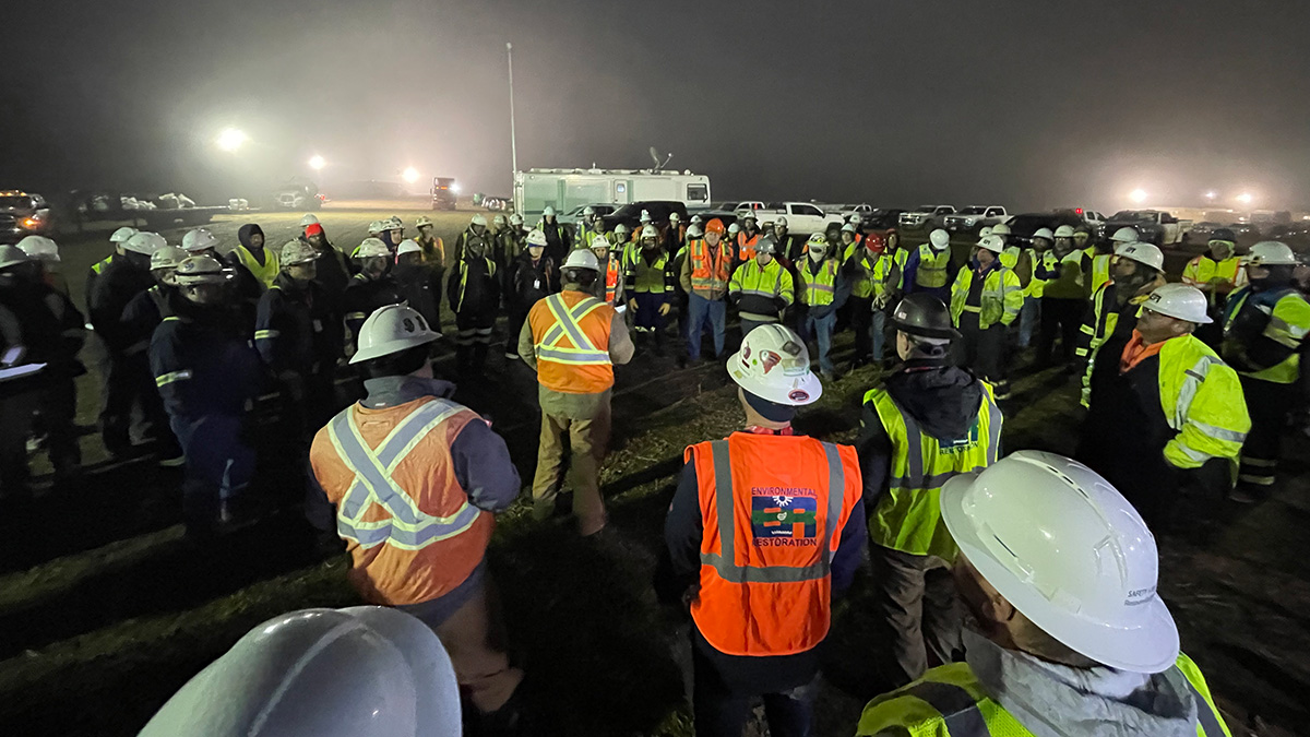 Response crews meet up at their morning briefing on Saturday, Dec. 10, 2022, in Washington County, Kansas.