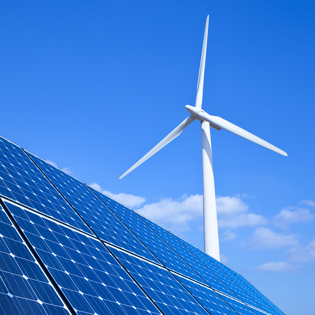 Solar panels and wind turbines.