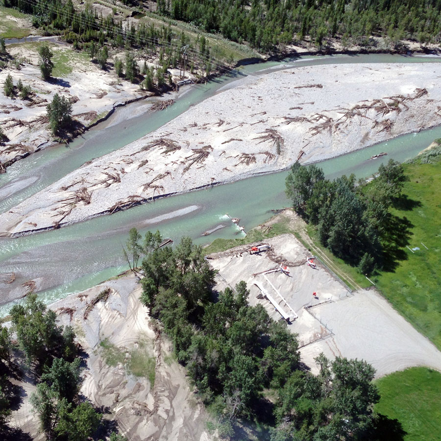 Aerial view of the flood damage to the Elbow River in 2013